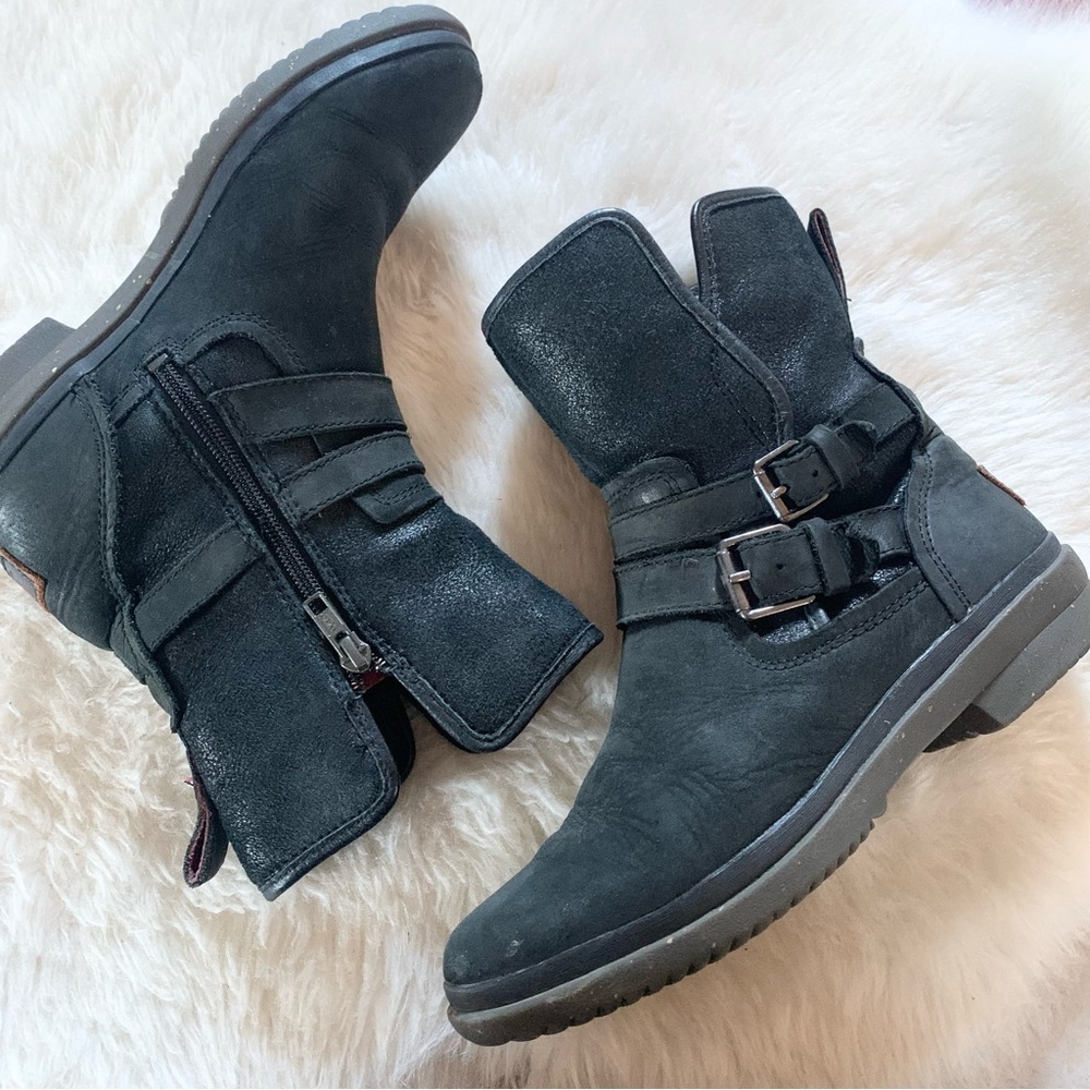 UGG black leather zip up buckle booties